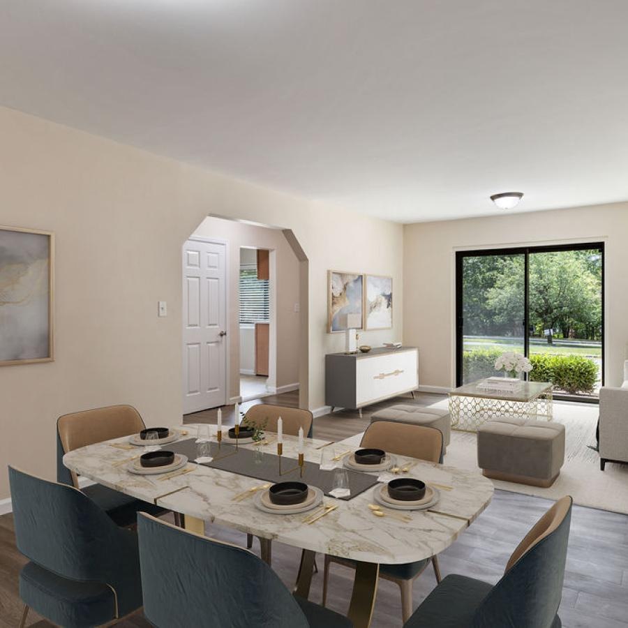 a dining room with a large table